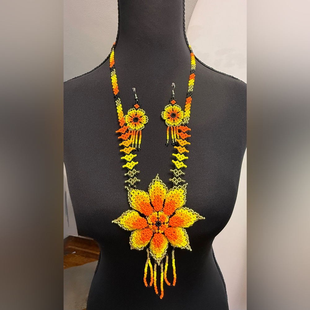 Handcrafted Beaded Floral Necklace and Earring Set